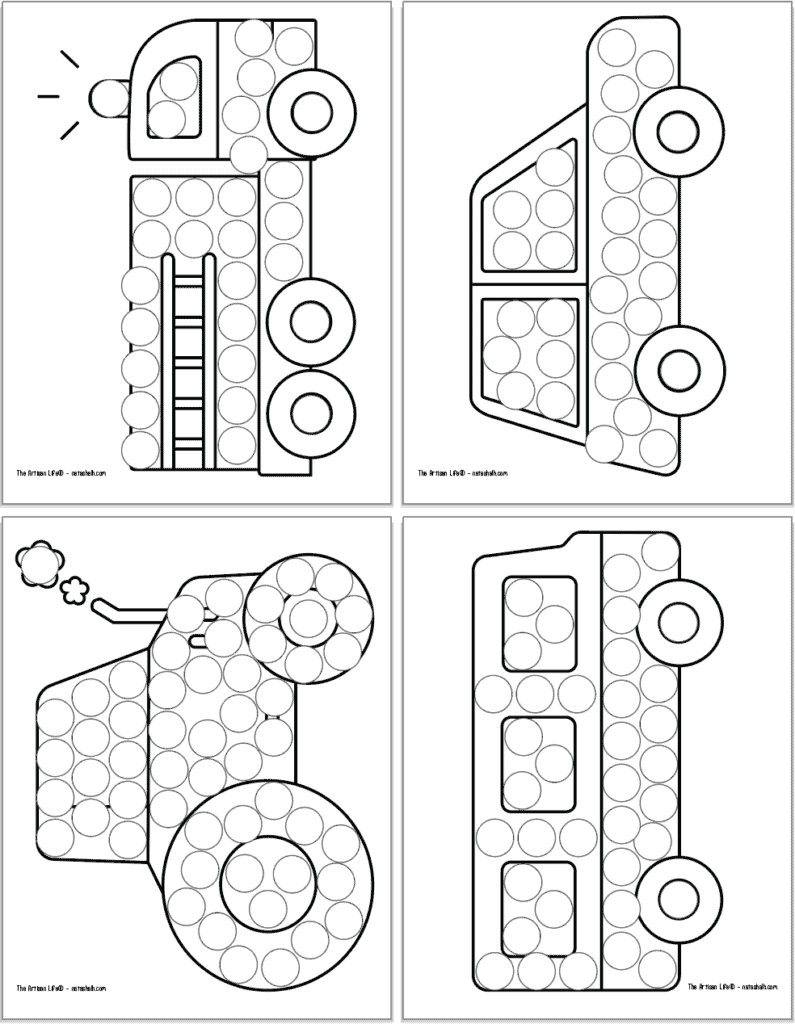A preview of four printable vehicle themed dot marker pages. Each page has a large black and white vehicle with circles to dot in. Images include: a firetruck, a car, a tractor, and a bus.