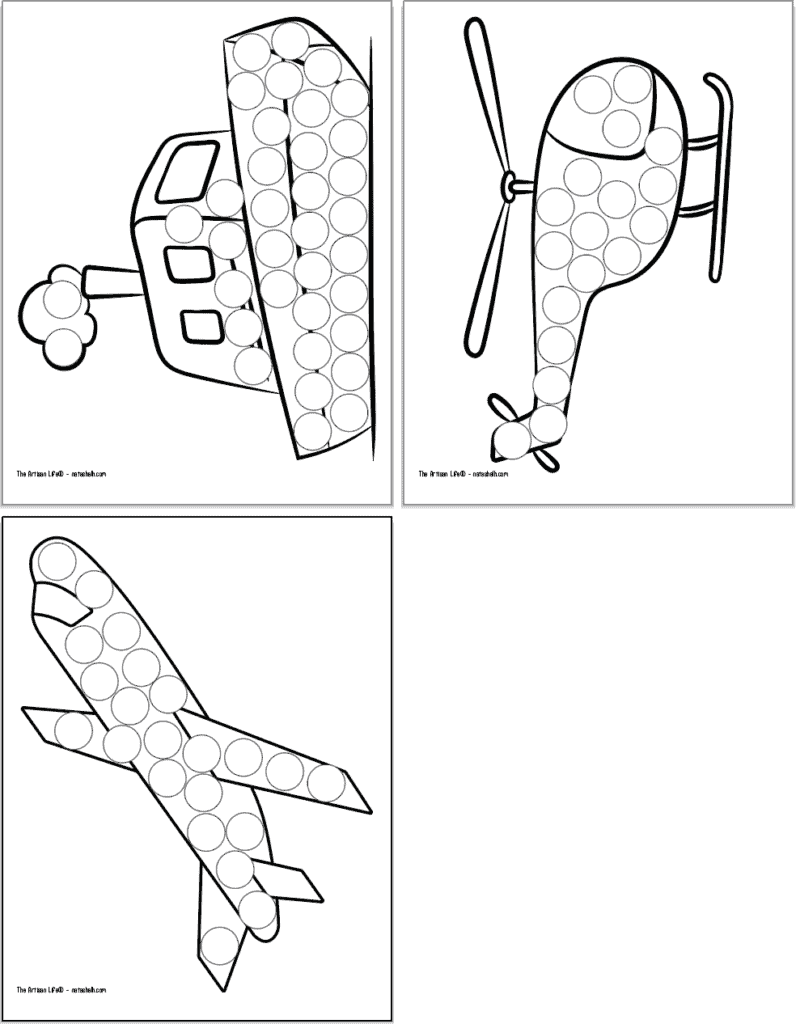 A preview of three printable vehicle themed dot marker pages. Each page has a large black and white vehicle with circles to dot in. Images include: a ship, a helicopter, and an airplane