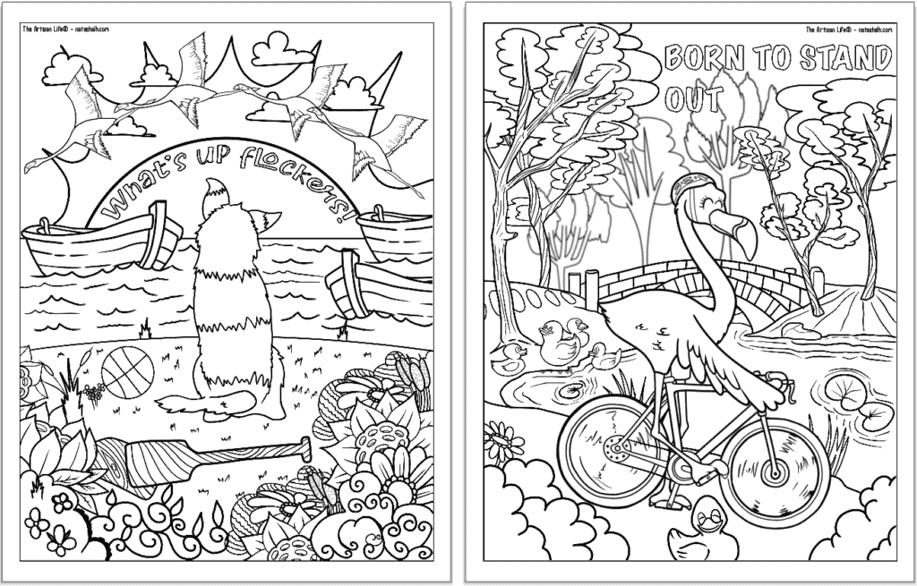 A preview of two flamingo coloring pages for adults. Each page has a flamingo to color with a phrase. On the left is "what's up flockers!" and on the right is "born to stand out"