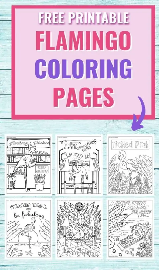 Text "Free printable flamingo coloring pages" with a purple arrow pointing at previews of six flamingo coloring pages for adults