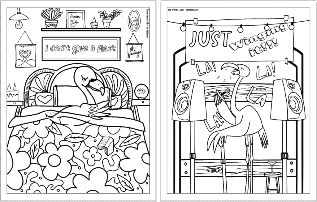 A preview of two flamingo coloring pages for adults. Each page has a flamingo to color with a phrase. On the left is "I don't give a flock" and on the right is a singing flamingo with the phrase "just winging it"