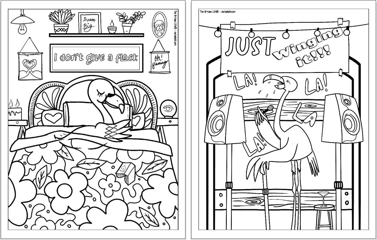 A preview of two flamingo coloring pages for adults. Each page has a flamingo to color with a phrase. On the left is "I don't give a flock" and on the right is a singing flamingo with the phrase "just winging it"