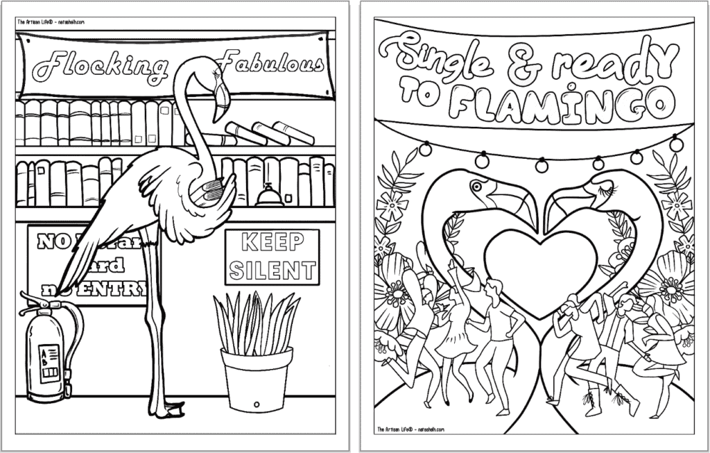 A preview of two flamingo coloring pages for adults. Each page has a flamingo to color with a phrase. On the left is "flocking fabulous" and on the right is "single and ready to flamingo"