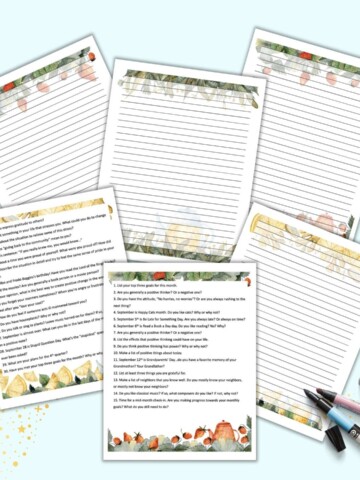 A preview of six printable pages. Two have journaling prompts for September and the other four are tea themed lined journal pages