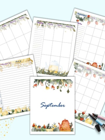 a preview of six pages of September themed planner pages with watercolor tea clip art. Pages include: a cover page, a gratitude journal page, a two page undated calendar, and a two page vertical weekly spread