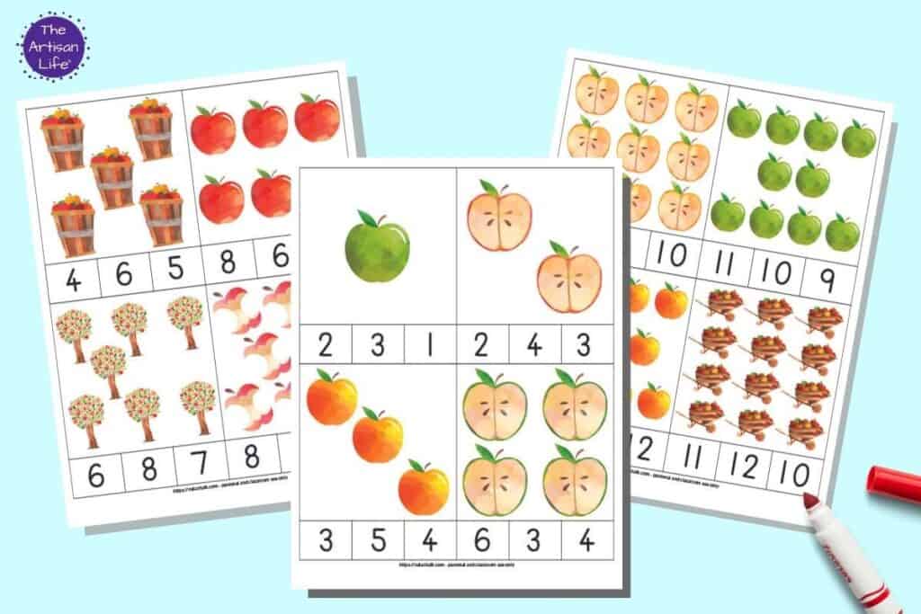 A preview of six pages of printable apple theme count and clip cards. Each page has four cards with clipart and three numbers below each set of images. One number in each set correctly represents the number of clipart images.