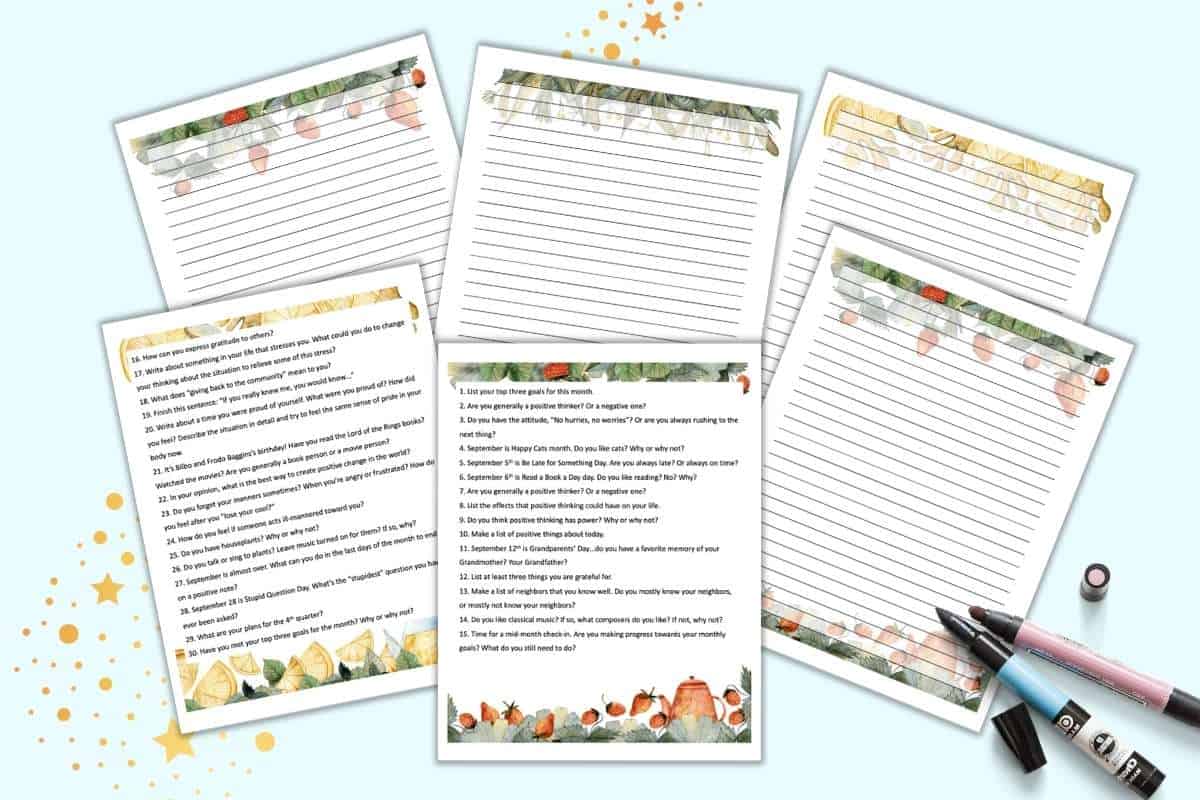 A preview of six pages of September journal printable with a watercolor tea theme. Two pages have 15 journal prompts apiece and four pages are lined journaling pages with watercolor tea clipart.