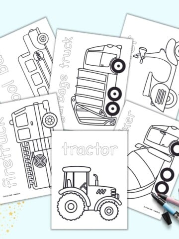 A preview of six vehicle themed coloring pages for children including a tractor, firetruck, school bus, garbage truck, cement mixer, and scooter
