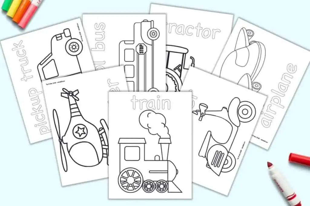 A preview of seven printable vehicle themed coloring pages with: a train, a helicopter, a pickup truck, a school bus, a tractor, an airplane, and a scooter.