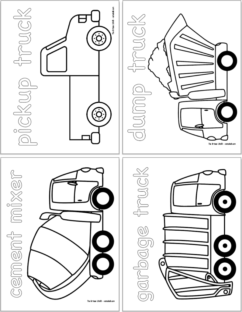 A preview of four vehicle themed coloring pages with: a pickup truck, a dump truck, a cement mixer, and a garbage truck.
