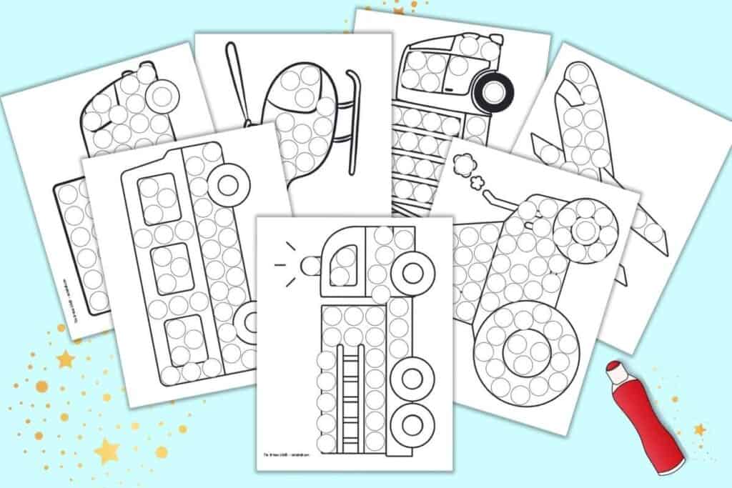 A preview of seven printable vehicle themed dot marker pages. Each page has a large black and white vehicle with circles to dot in. Vehicles include: a fire truck, tractor, airplane, trash truck, helicopter, delivery truck, and a bus.