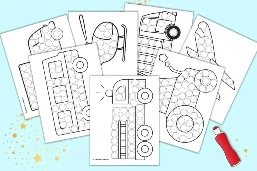 A preview of seven printable vehicle themed dot marker pages. Each page has a large black and white vehicle with circles to dot in. Vehicles include: a fire truck, tractor, airplane, trash truck, helicopter, delivery truck, and a bus.