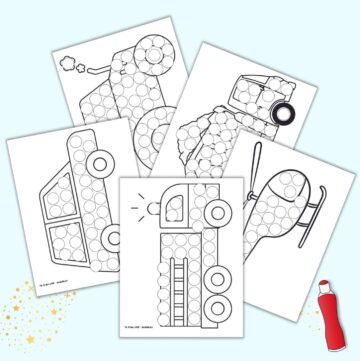 a preview of five vehicle themed dot marker coloring pages including a fire truck, car, dump truck, tractor, and helicopter