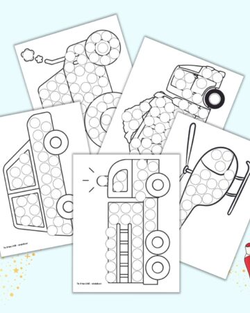a preview of five vehicle themed dot marker coloring pages including a fire truck, car, dump truck, tractor, and helicopter