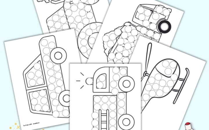 a preview of five vehicle themed dot marker coloring pages including a fire truck, car, dump truck, tractor, and helicopter