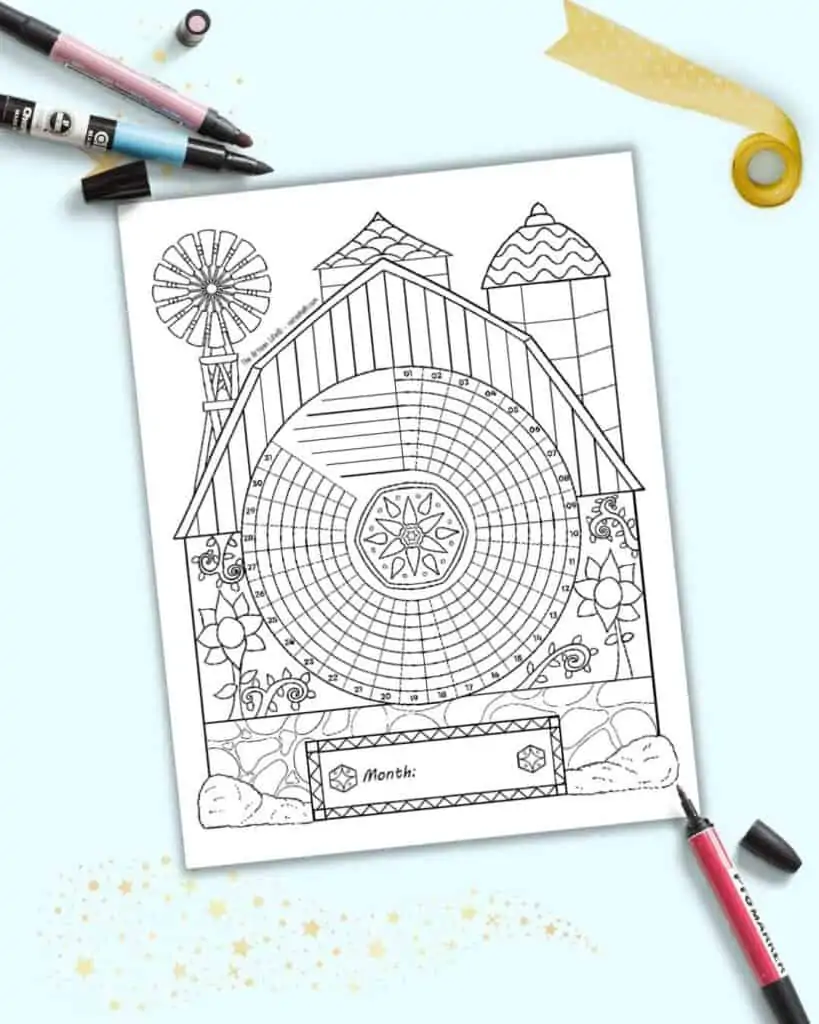 A preview of a folk art barn themed habit tracker with 31 days. The page is in black and white for coloring in and is shown on a light blue background. 