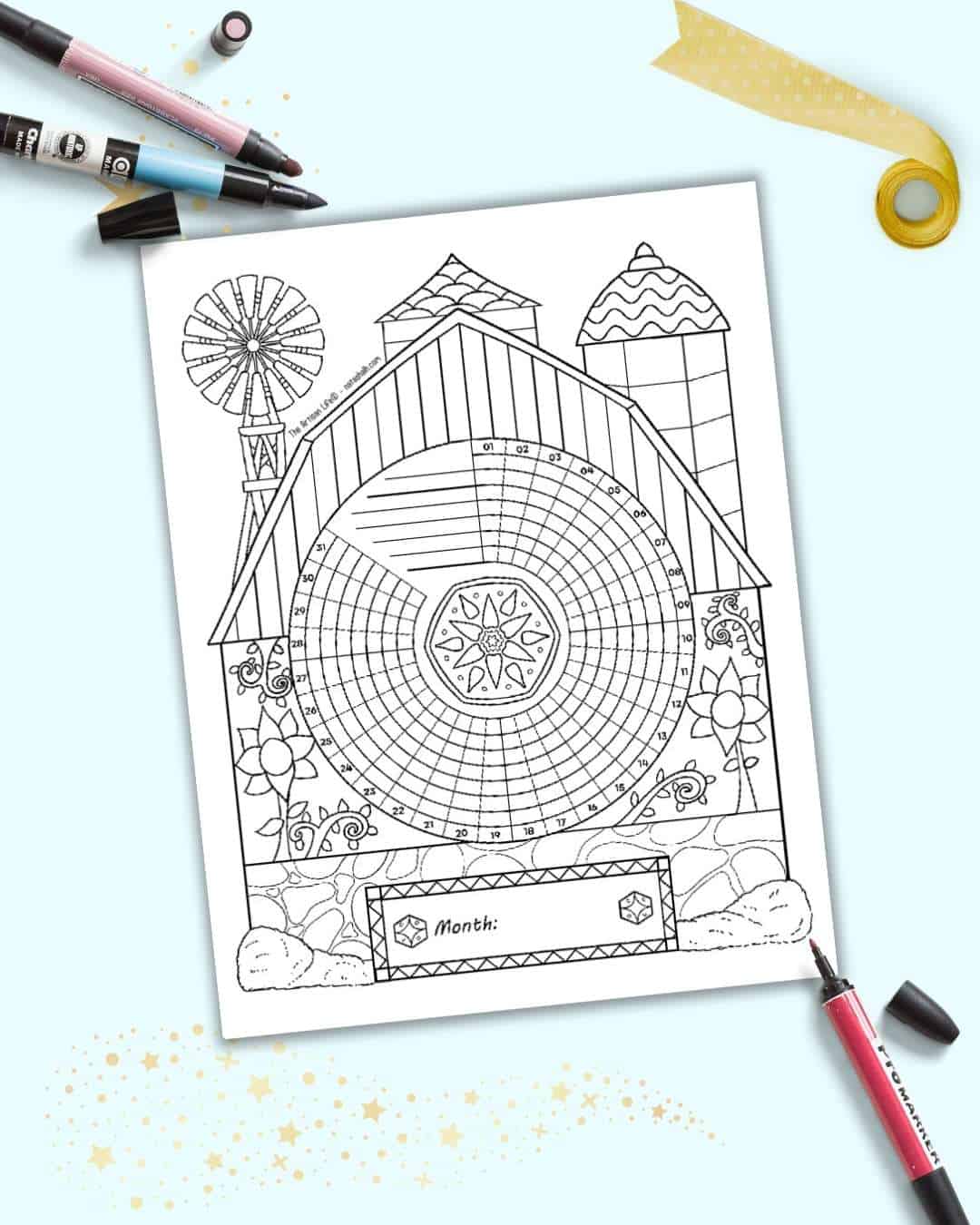 A preview of a folk art barn themed habit tracker with 31 days. The page is in black and white for coloring in and is shown on a light blue background.