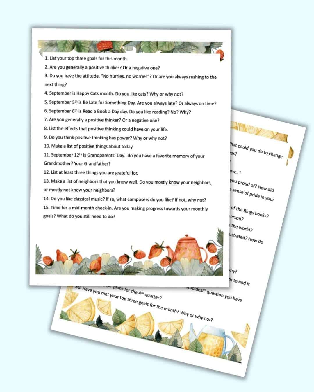 Two pages with tea themed watercolor clipart and 15 journaling prompts for September on each page. There are a total of 30 themed journal prompts.