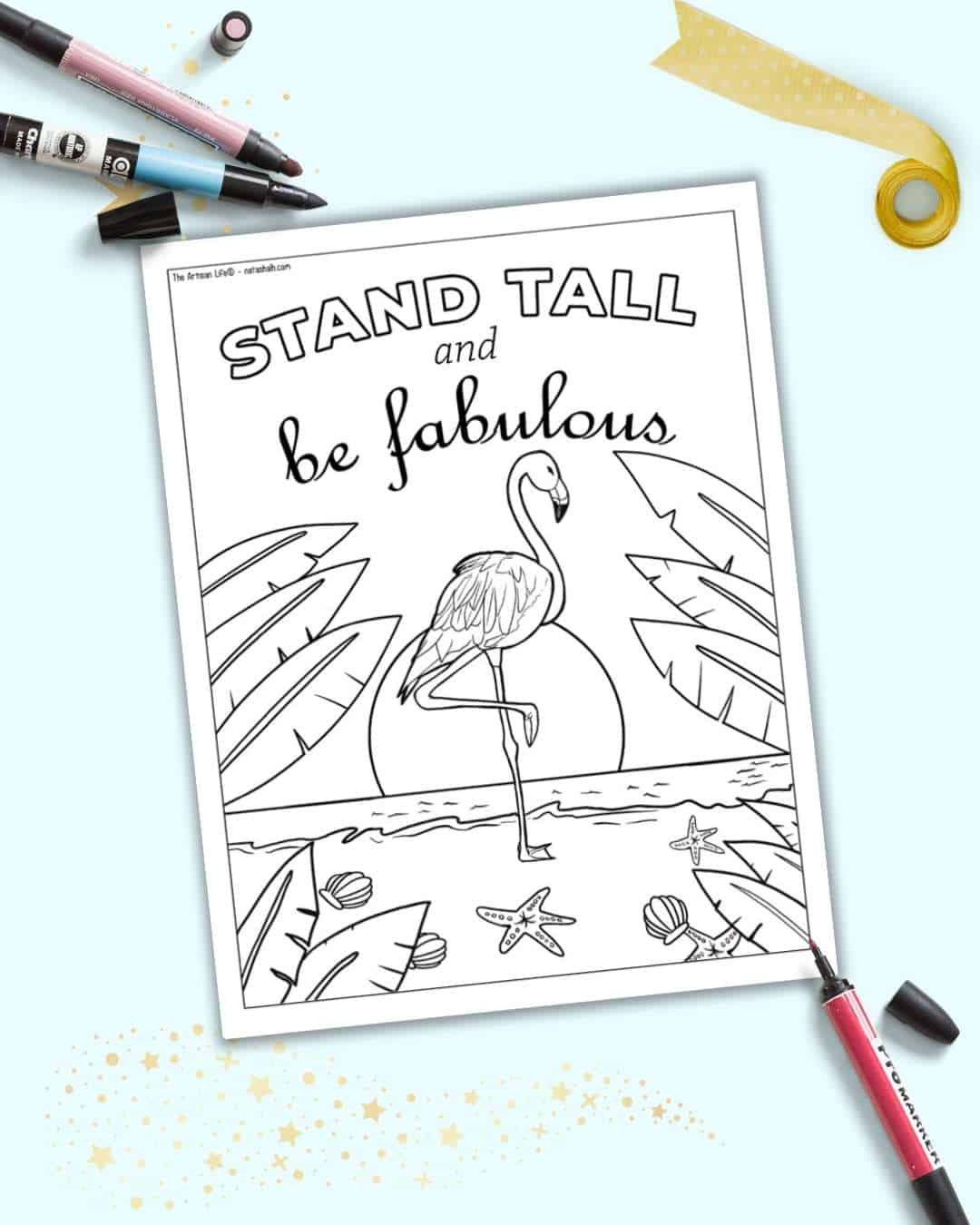 A preview of a coloring page with a flamingo on the beach and the phrase "stand tall and be fabulous"