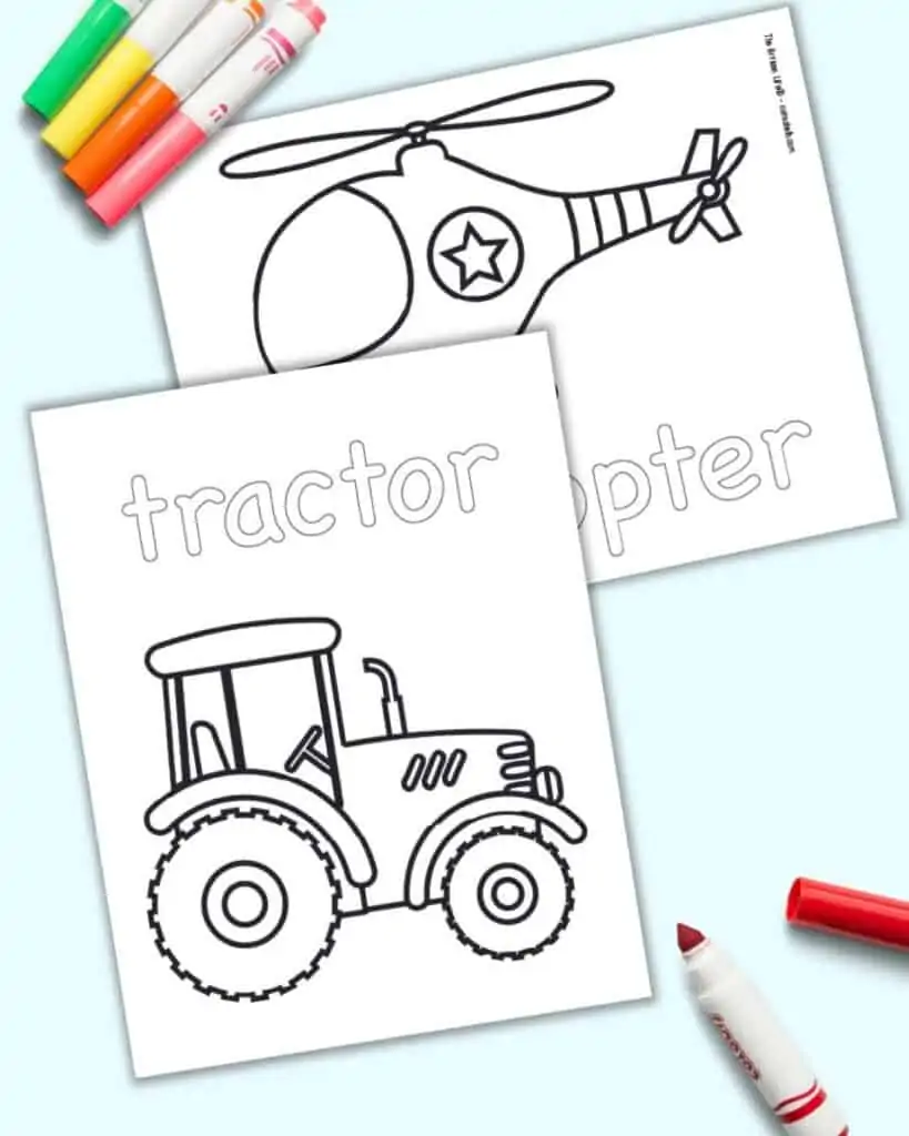 A preview of a tractor coloring page with a helicopter coloring pages. Both pages have the vehicle name and a large image to color.