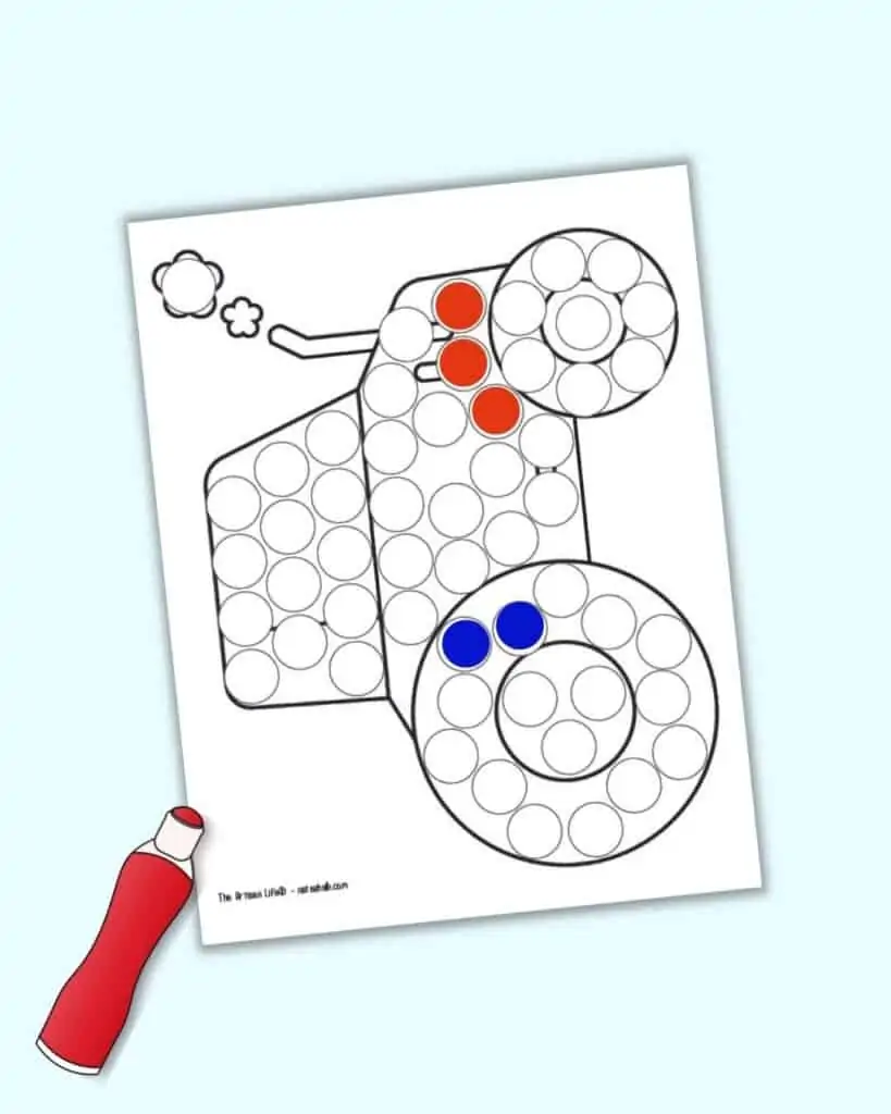 A preview of a tractor dot marker coloring page. It has three red circles filled in not eh tractor body and two blue ones on a tire. It is shown on a light blue background with an illustrated red dauber marker.