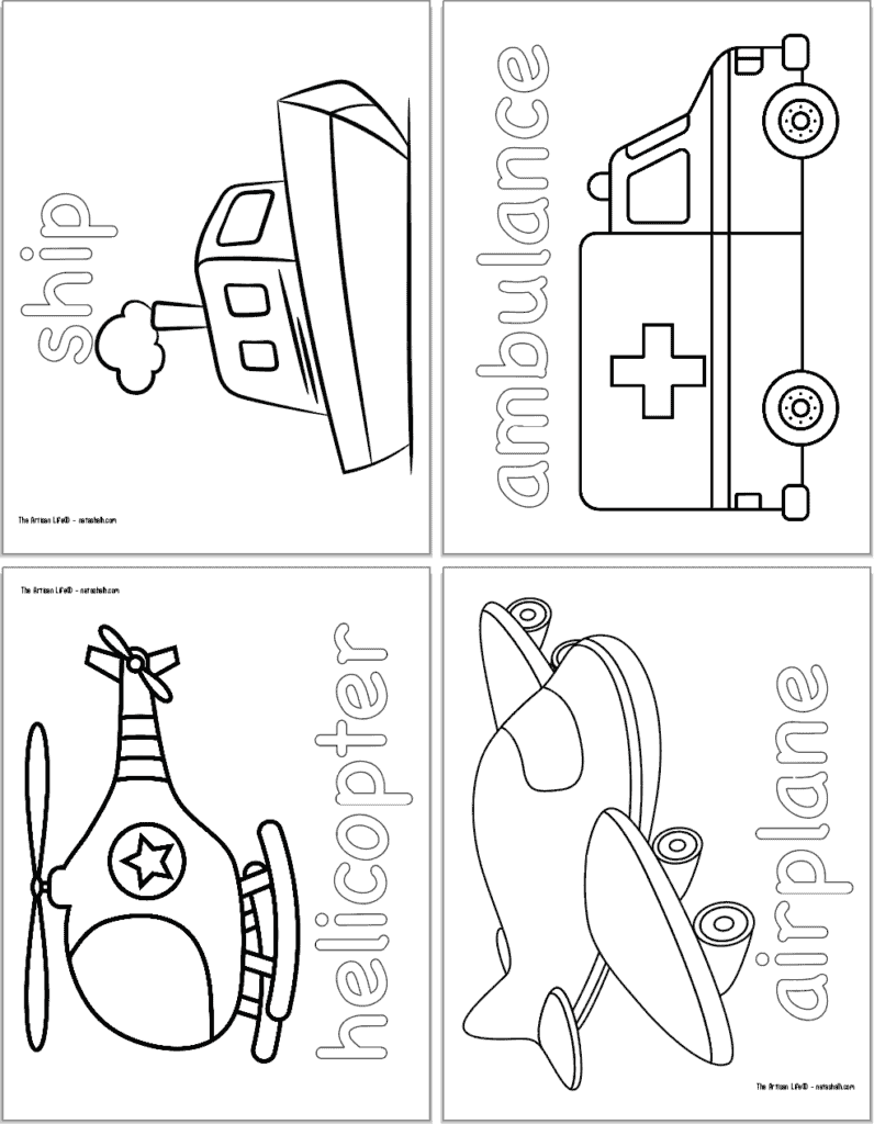 A preview of four vehicle themed coloring pages with: a ship, an ambulance, a helicopter, and an airplane.
