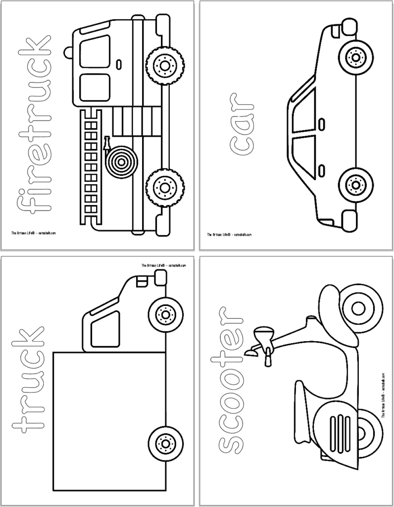 A preview of four vehicle themed coloring pages with: a firetruck, a car, a truck, and a scooter.