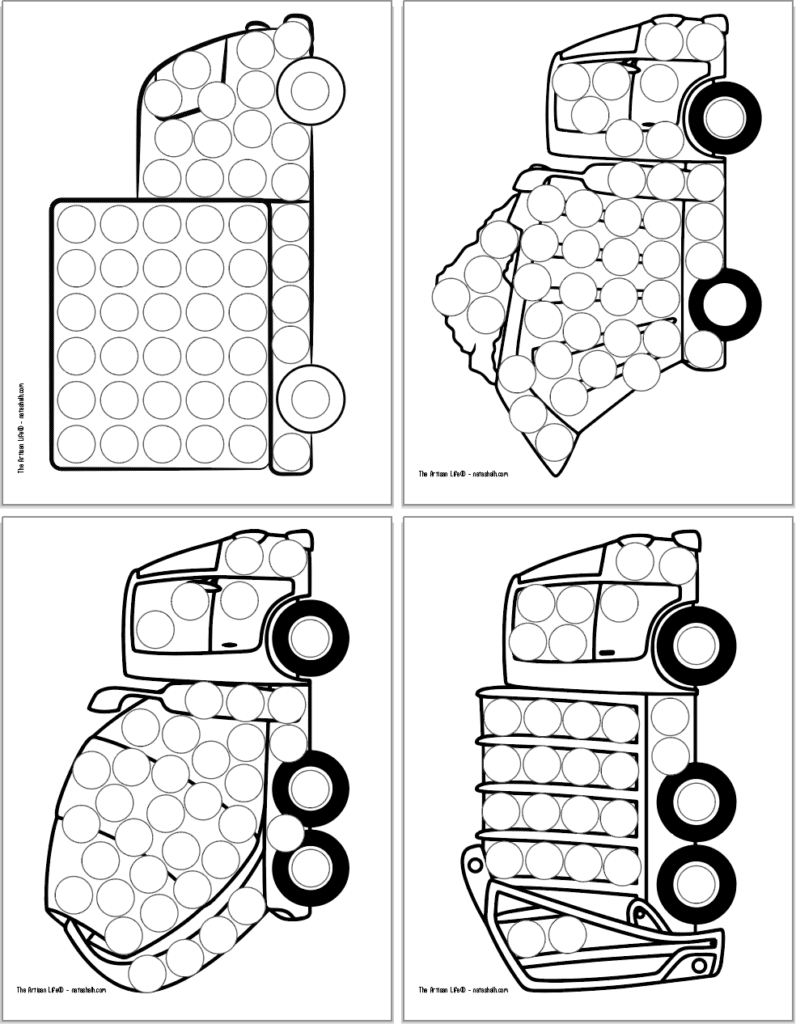 A preview of four printable vehicle themed dot marker pages. Each page has a large black and white vehicle with circles to dot in. Images include: a delivery truck, a dump truck, a cement truck, and a recycle/trash truck