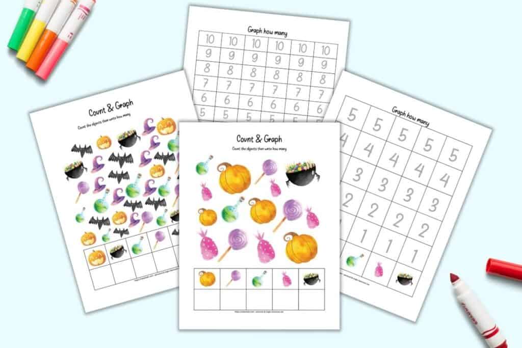 A preview of four count and graph/I Spy worksheets for Halloween. Two pages show Halloween clipart images to count, the other two pages have space to graph the results.