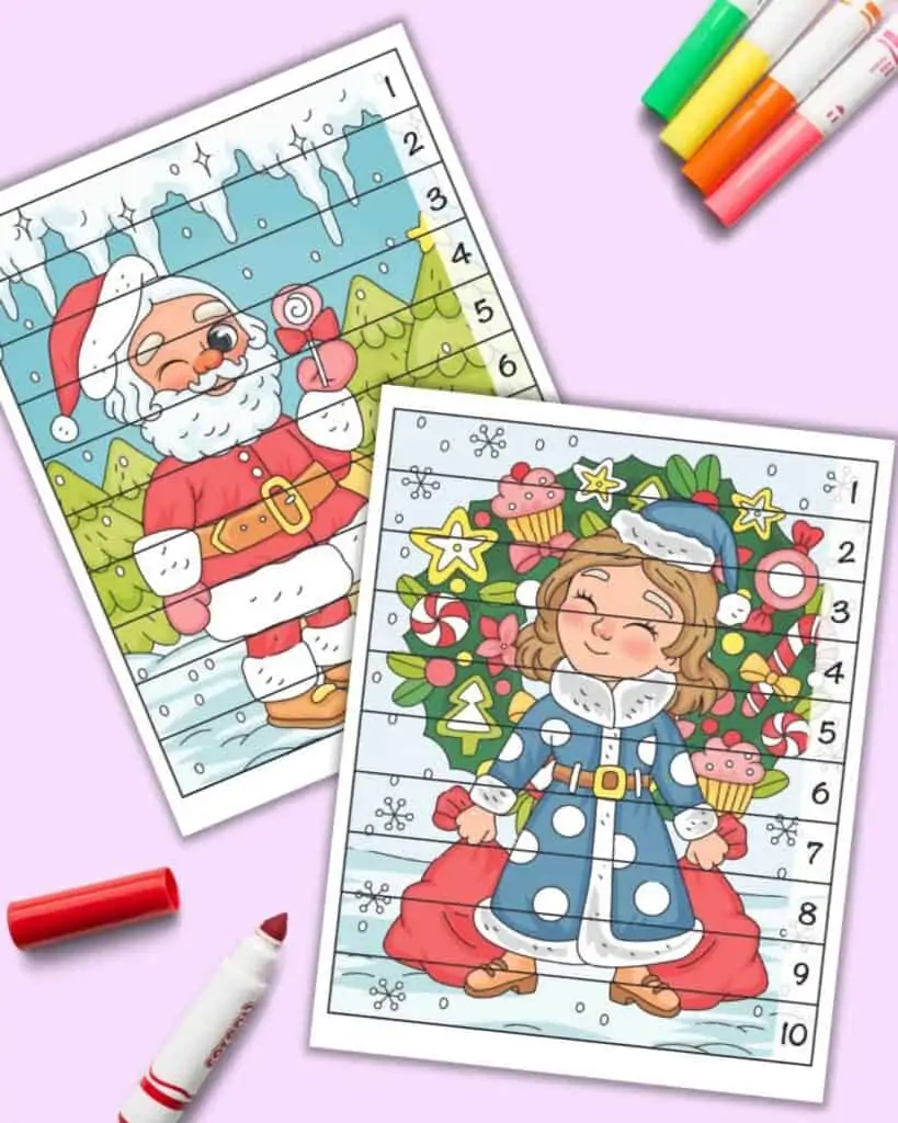 A preview of two Christmas themed number building puzzles. Each puzzle has an 8x10 full coloring Christmas themed background image and numbers on the right hand side. The page is divided into 10 strips with black lines to cut along. The numbers 1-10 are on the right side of the page with one number per strip.