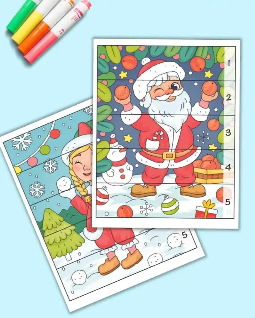 A preview of two Christmas themed number building puzzles. Each puzzle has an 8x10 full coloring Christmas themed background image and numbers on the right hand side. The page is divided into 5 strips with black lines to cut along. The numbers 1-5 are on the right side of the page with one number per strip.