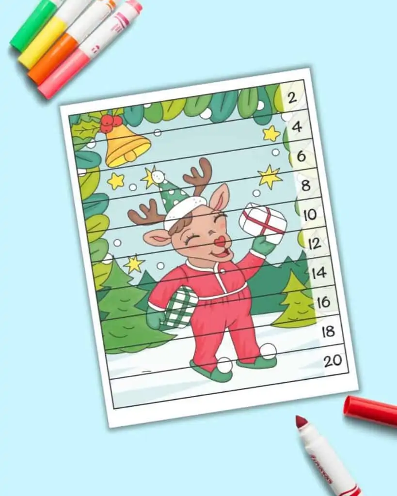 A number building puzzle with a reindeer holding presents. There are lines to cut the puzzle into 10 strips. Each rectangle has a number 2-20, counting by 2s, along the right hand side.