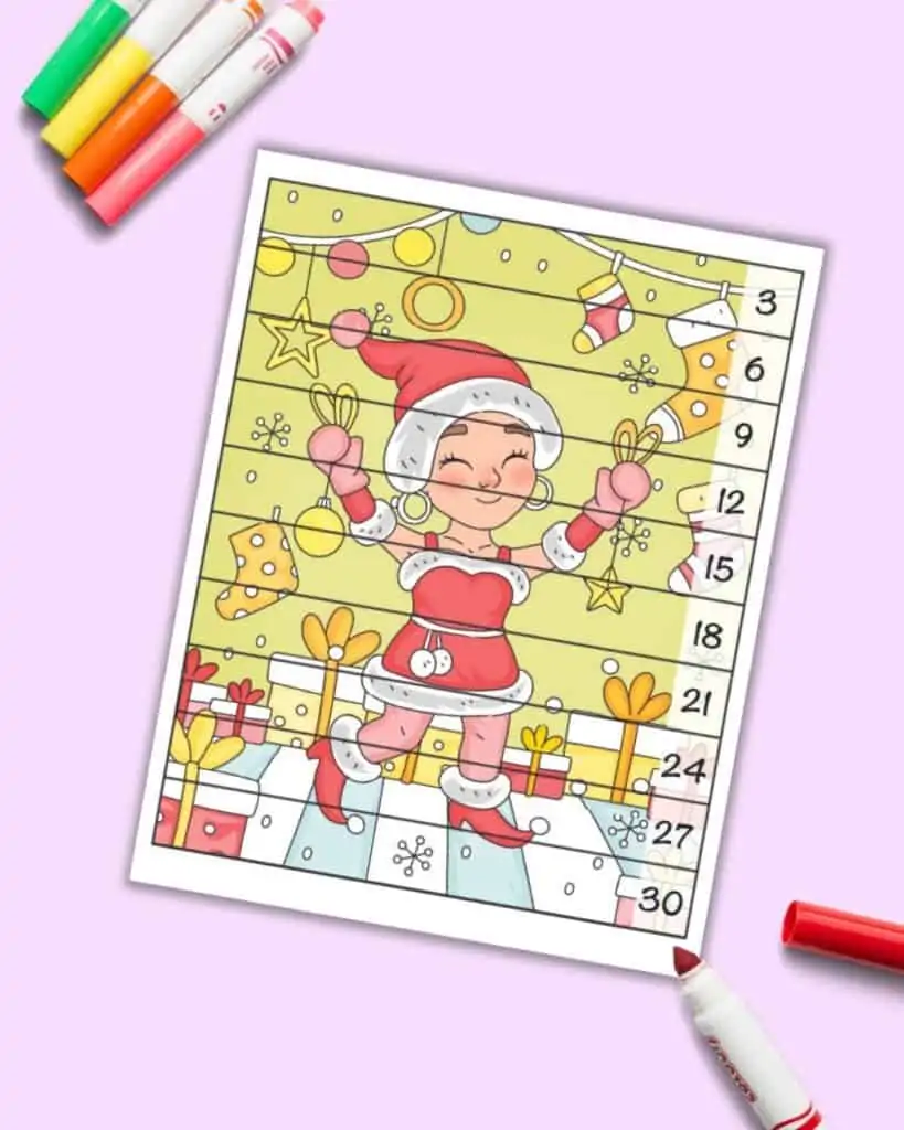 A number building puzzle with a Christmas elf holding ornaments. There are lines to cut the puzzle into 10 strips. Each rectangle has a number 3-30, counting by 3s, along the right hand side.