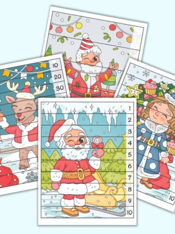 A preview of four Christmas themed number building puzzles. Each page has a full color Christmas image overlaid with lines to cut the image into strips. On the right are numbers 1-5, 1-10, or skip counting by 10s.