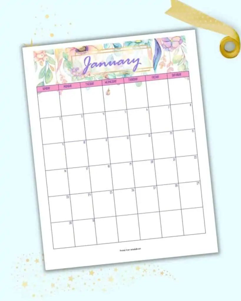 A preview of a January 2022 calendar page with a watercolor floral theme and pastel colors.