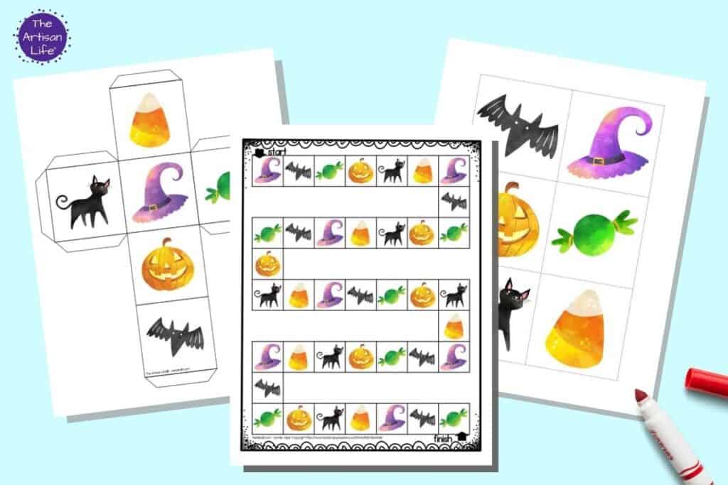 A preview of three pages of printable Halloween board game for young children. In the center is the board game. To the left is a printable die with Halloween images instead of numbers. To the right is a page with inserts for a gross motor cube.