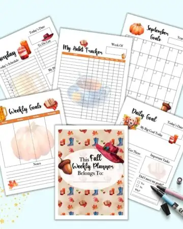 Preview of six fall themed planner pages with watercolor clipart. Pages include: cover page, weekly goals, daily goals, Monday planner, habit tracker, and a September calendar