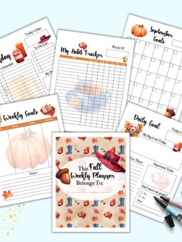 Preview of six fall themed planner pages with watercolor clipart. Pages include: cover page, weekly goals, daily goals, Monday planner, habit tracker, and a September calendar