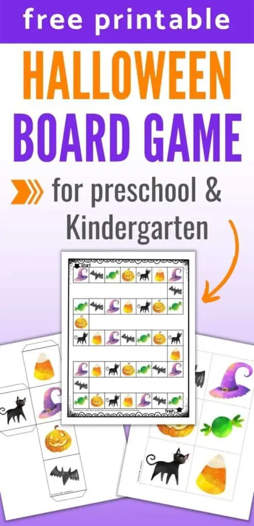 Text "free printable Halloween board game for preschool and kindergarten" above a preview with three pages of cute Halloween board game printable with printable dice.