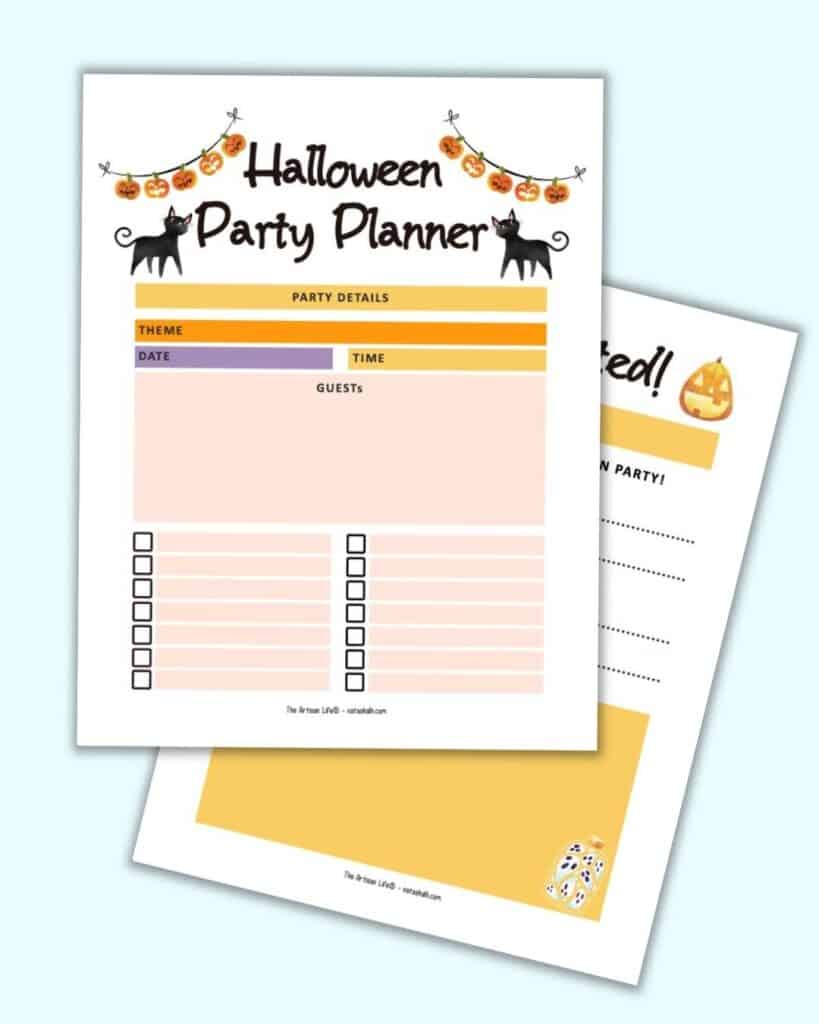 A preview of two pages of Halloween planner printable. Pages include a Halloween party planner and printable Halloween party invitation.