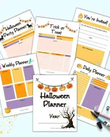 Six pages from a printable Halloween planner. Pages include: a cover page, weekly planner, daily planner, trick or treat planner, party planner, and a printable invitation.