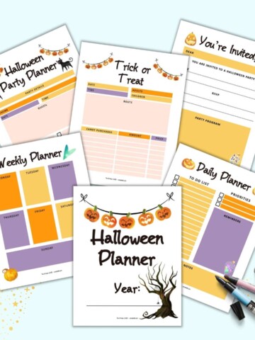 Six pages from a printable Halloween planner. Pages include: a cover page, weekly planner, daily planner, trick or treat planner, party planner, and a printable invitation.