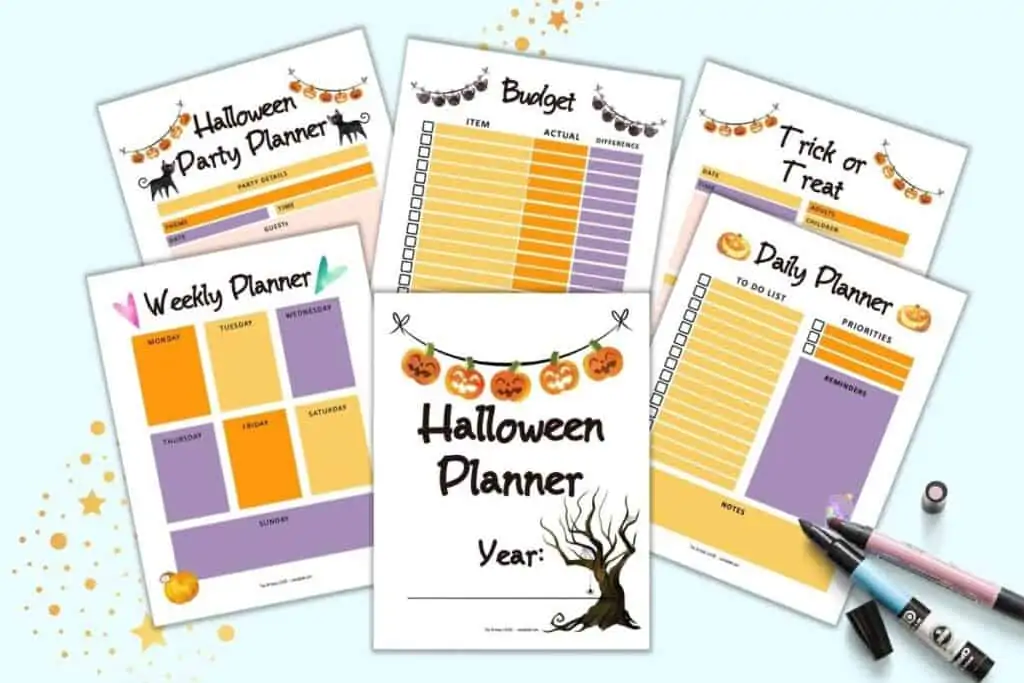 A preview of six pages from a printable Halloween party planner. Pages include a cover page, weekly planner, daily planner, trick or treat planner, budget planner, and Halloween party planner.