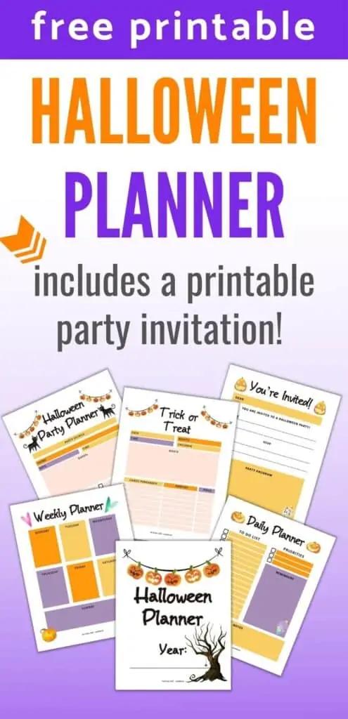 Text "free printable Halloween planner - includes printable party invitation!" above a preview of six pages of Halloween planner printable with: a cover page, weekly planner page, daily planner page, Halloween party planner, trick or treat planner, and a printable invitation.