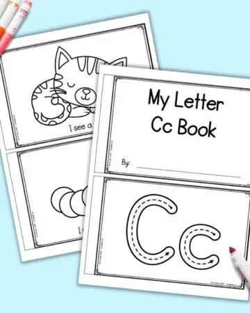 A preview of two sheets of printable letter c book. The front sheet has two pages "My Letter Cc Book" and correct letter formation graphics to trace. The page behind has "I see a cat" and "I see a caterpillar"