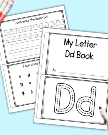 A preview of two sheets of printable letter D emergent reader book. Each sheet has two pages to print and cut to make a book about the letter D for preschool and kindergarten students.