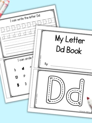 A preview of two sheets of printable letter D emergent reader book. Each sheet has two pages to print and cut to make a book about the letter D for preschool and kindergarten students.
