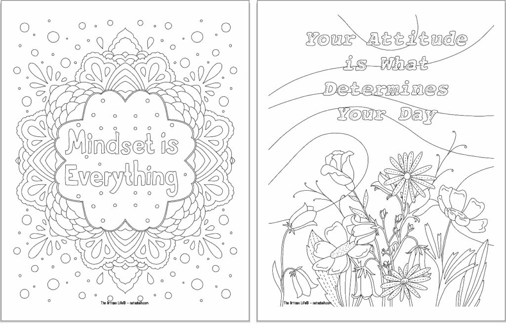 A preview of two positive mindset coloring pages. On the left is "mindset is everything" and on the right "your attitude is what determines your day"
