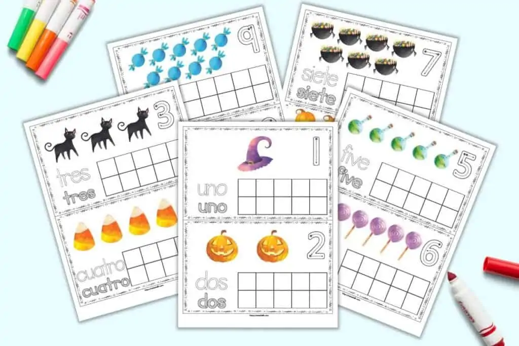 A preview of five printable ten frame pages in a combination of English and Spanish. Each page has two cards to cut apart. Each page has two ten frame cards with clip art, correct letter formation graphics, and a blank ten frame.