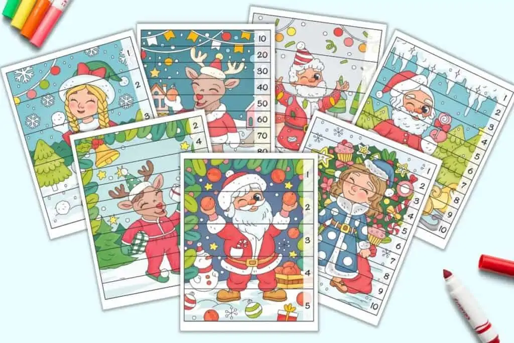 A preview of seven Christmas themed number building puzzles. Each page has an 8x10 image with lines to cut the page into strips. On the right side of each page are numbers in order such as: 1-5, 1-10, skip counting by 2s, and counting by 10s.